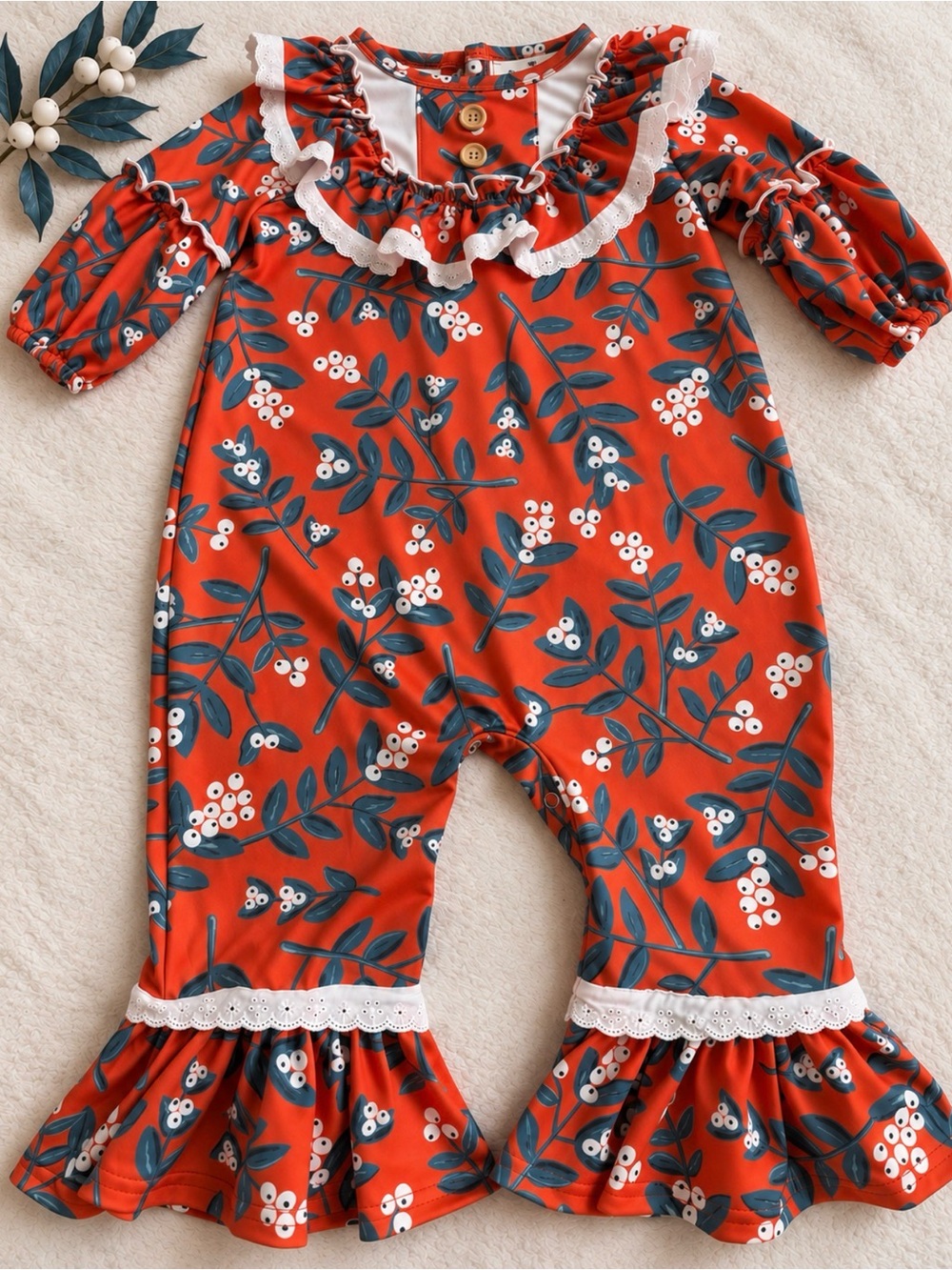 Marie Nicole Girls Christmas Holly Ruffle Bell Bottom Romper 12-18M